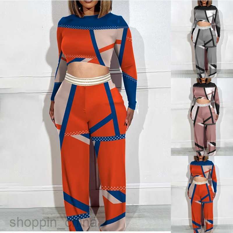 Women's Tracksuits Autumn/Winter New Large Women's Long sleeved Two piece Set Open Navel Printing Set for Women Sets