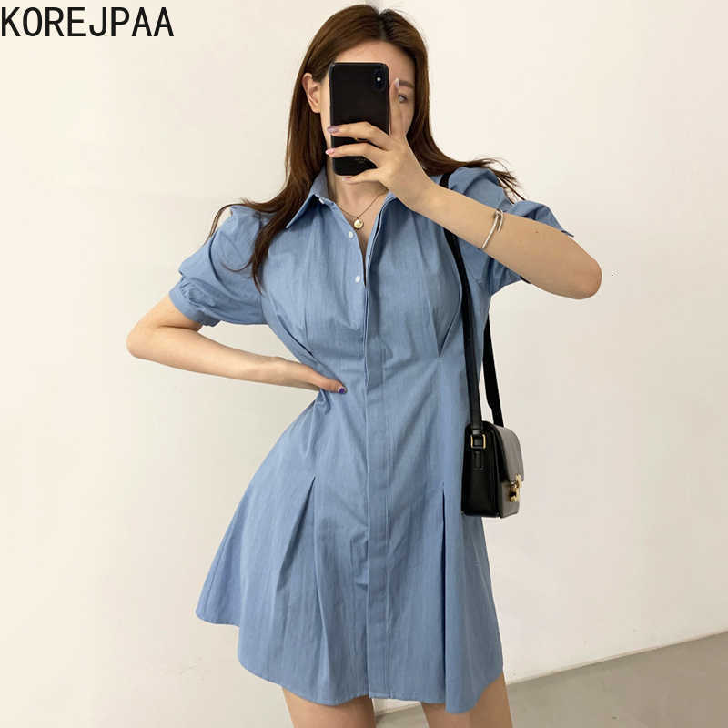 Korejpaa Women Dress Summer Korean Chic French Retro Lapel Single-Breasted Pleated Waist Puff Sleeve Shirt Style Vestidos 210526