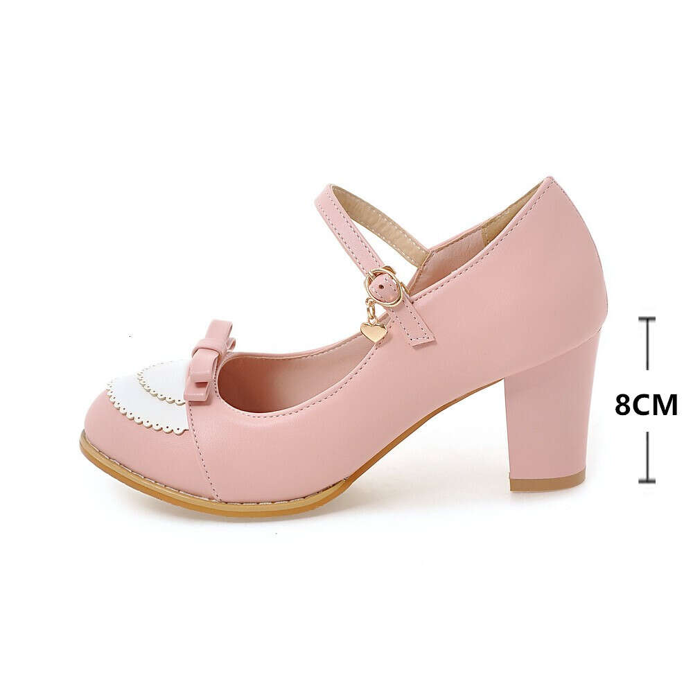 Mary Jane Women Heels Bow Thick High Heel Casual Ladies Pumps Pink Chaussures Femme Lolita Shoes 32-43