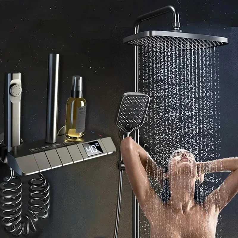 Bathroom Shower Heads Bathroom Shower Faucet Set 4 Functions Temperature Display Shower System Hot Cold Shower Faucet Temperature Control Shower SetsL