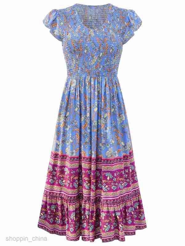 Basic Casual Women Dresses Summer Casual Dress New Print V-neck Flying Sleeves Bohemian Style Dress