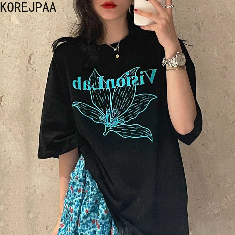 Korejpaa Women T-Shirt Summer Korean Chic All-Match Round Neck Plant Sketch Letter Printing Contrast Color Loose Pullover 210526