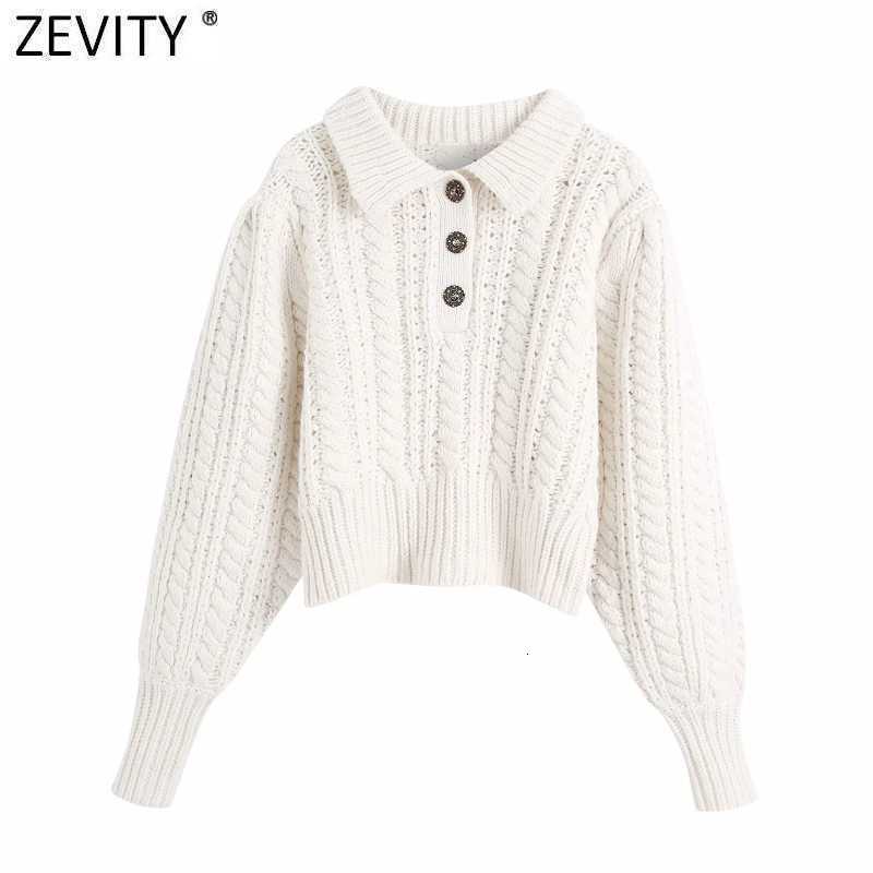 Zevity Women Elegant Turn Down Collar Casual Knitting Sweater Ladies Chic Lantern Sleeve Buttons Pullovers Short Tops S517 210603