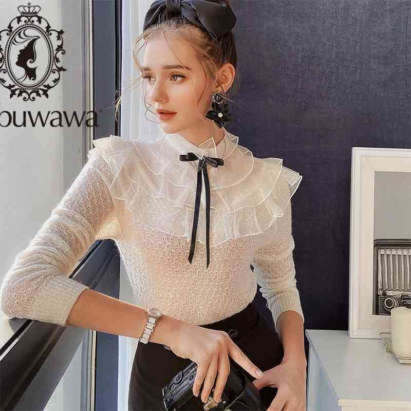 Dabuwawa Elegant Solid Office Lady Lace Women Blouse Ruffled Long Sleeves Bow Neck Shirts Female Vintage Tops Spring DO1AJS006 210520