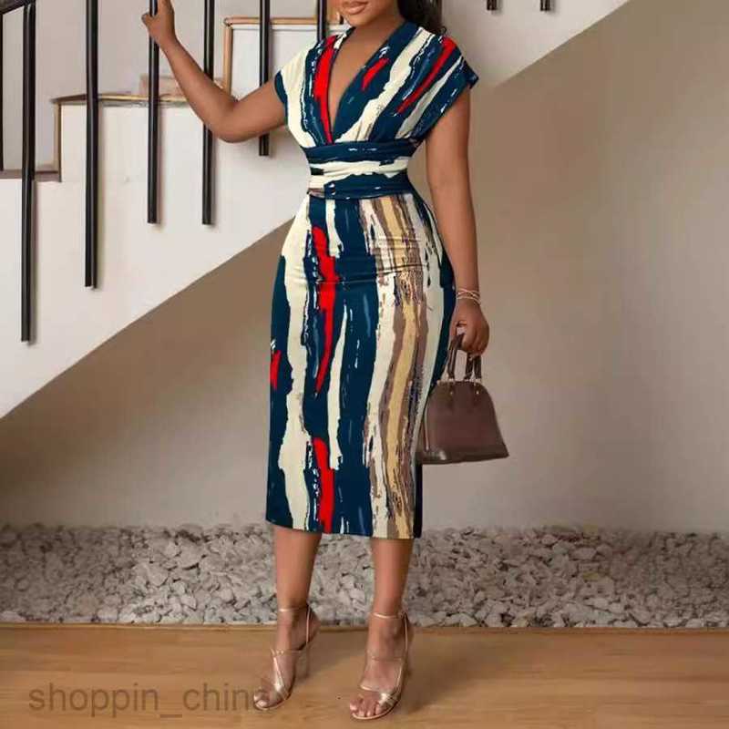 Two Piece Dress Sets Summer New Women's Printed V-neck Long Dress Waist Wrapped Hip Dress