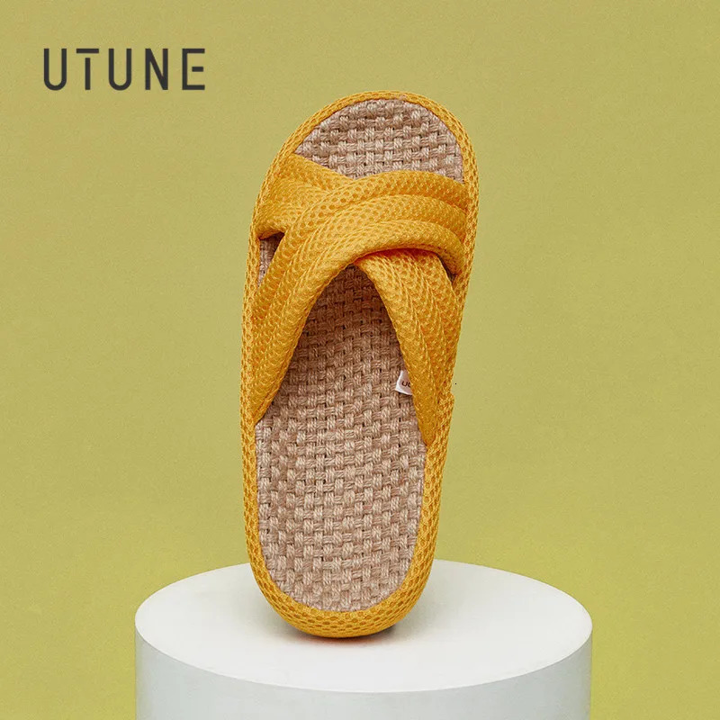 UTUNE Linen Womens Slippers Outdoor Summer Silent Lightweight Vacation Travel Comfortable Shoes Anti slip Flat Thick Sole Household Slippers 240612