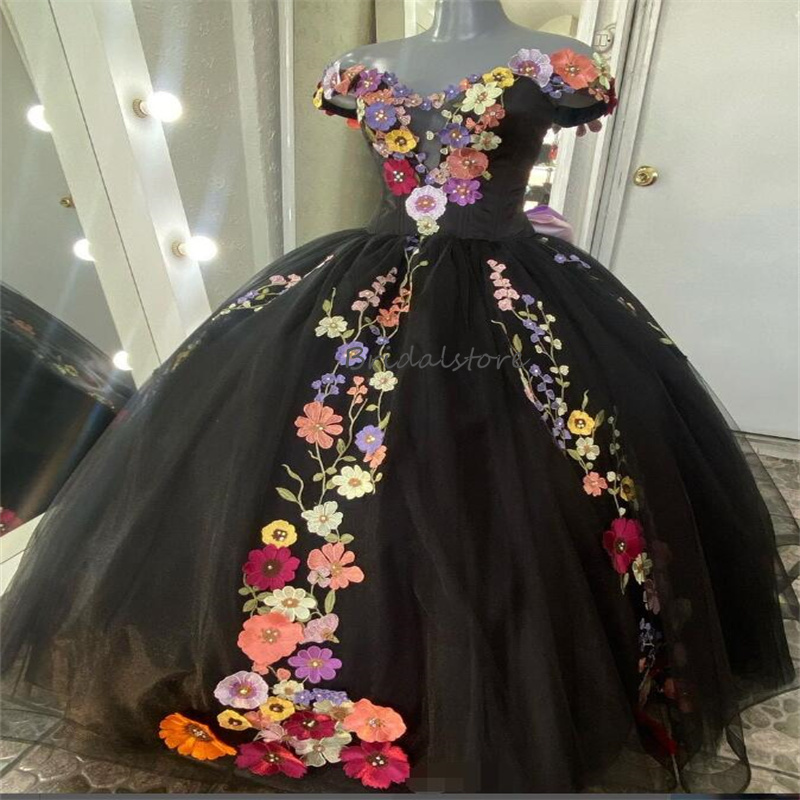 Mexican Theme Black Quinceanera Dresses Charro 2024 Colorful Flowers Fifteen Birthday Dress Floor Length Tulle A Line Corset Vestio De Xv 15 Anos Swee