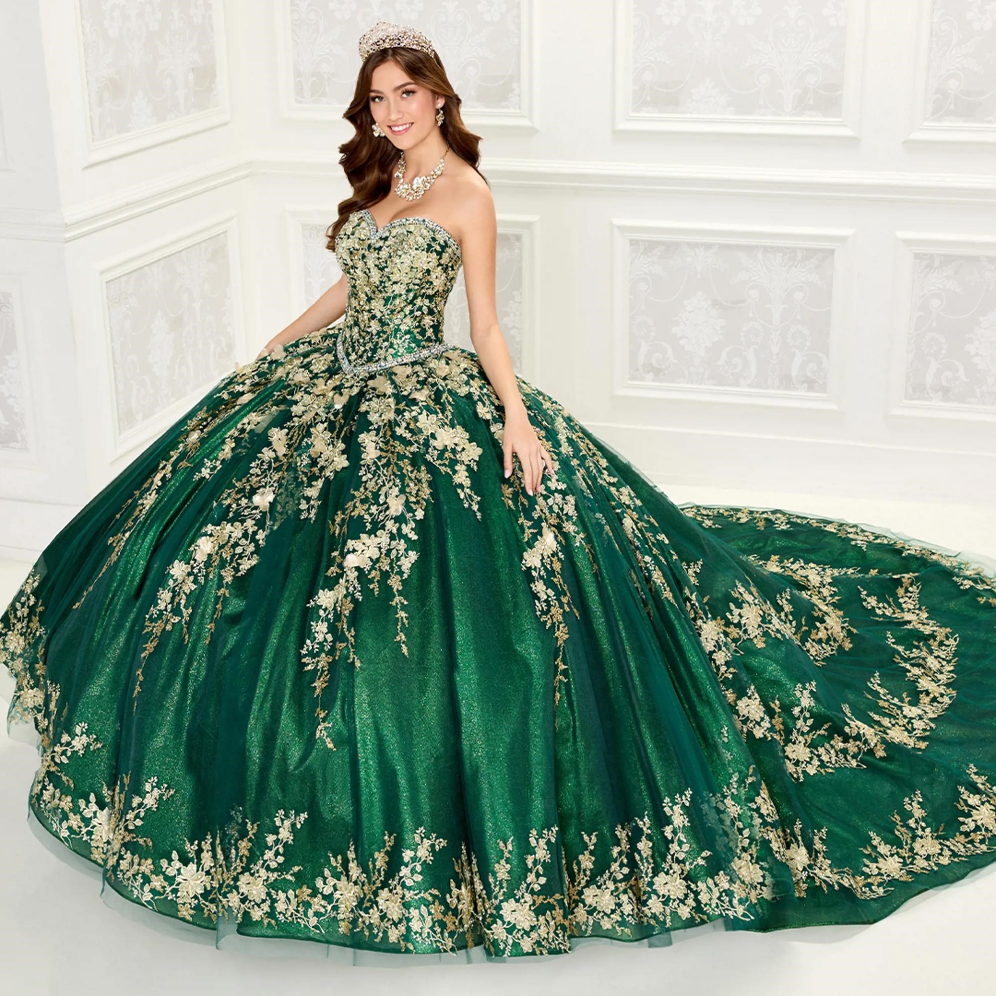 Dark Green Mexican Quinceanera Ball Gown Sweetheart Sparkly Appliques Puffy Charro Sweet 16 Dresses 15 Anos
