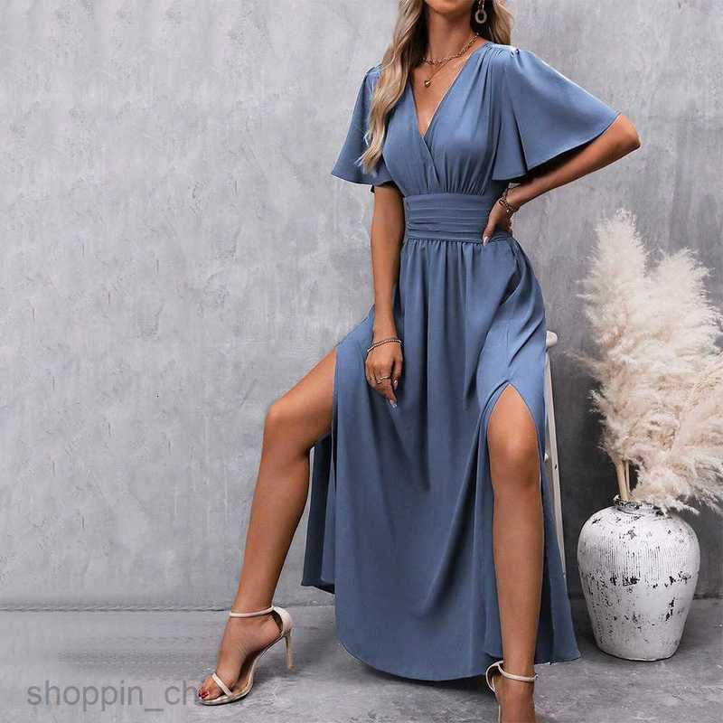 Basic Casual Women Dresses New Elegant and generous deep V-neck design, two side slit pleats and waist cinching long skirt