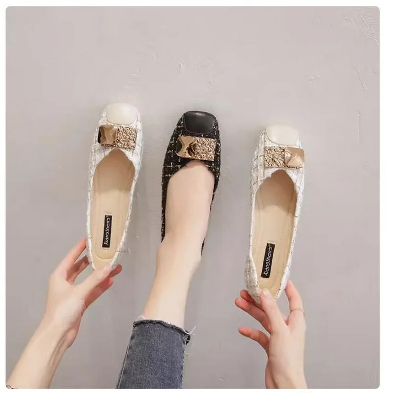 Small perfume Style Single Shoes Womens Flat Shoes 2024 Summer and Autumn Square Soft Sole Bean Shoes Fat Foot Wide Size 41-45 240614
