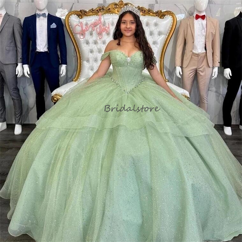 Shiny Sage Green Quinceanera Dresses 2024 Off Shoulder Vestio De 15 Anos Xv Quinceanera Masquerade Sixteen Birthday Party Dress Vestido De Xv Debutant