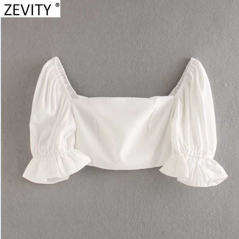 Zevity French Style Women Solid Color Square Collar Puff Sleeve Short Smock Blouse Lady Back Zipper Shirts Chic Crop Tops LS9358 210603