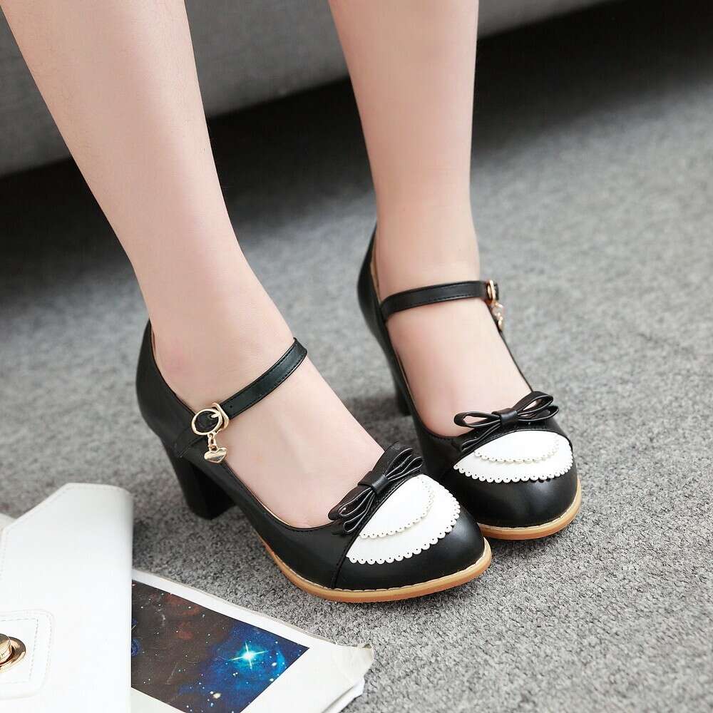 Mary Jane Women Heels Bow Thick High Heel Casual Ladies Pumps Pink Chaussures Femme Lolita Shoes 32-43