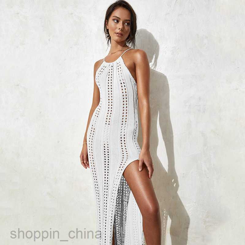 Basic Casual Women Dresses New camisole beach skirt solid color sleeveless knitted hollow out swimsuit vacation sexy slit dress
