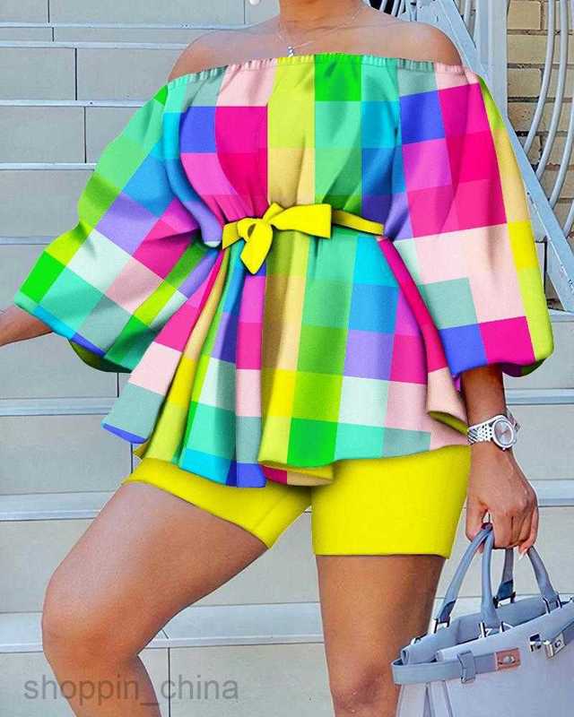 Women's Tracksuits fashion Summer New female Shoulder Shorts Belt Two Piece Set for women Sets