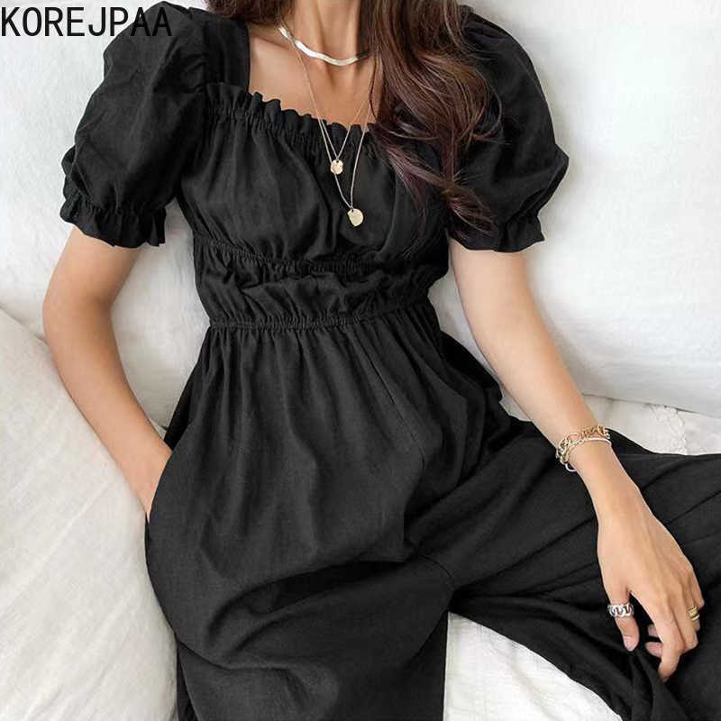 Korejpaa Women Jumpsuits Summer Korean Chic Elegant Temperament Wood Ear Stitching Pleated Puff Sleeve Wide-Leg Jumpsuit 210526