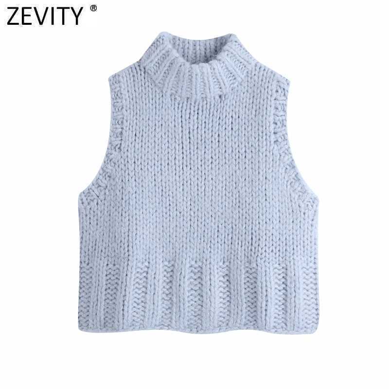 Zevity Women Fashion Solid Color Sleeveless Casual Knitting Vest Sweater Lady Chic Turtleneck Waistcoat Pullovers Tops S500 210603