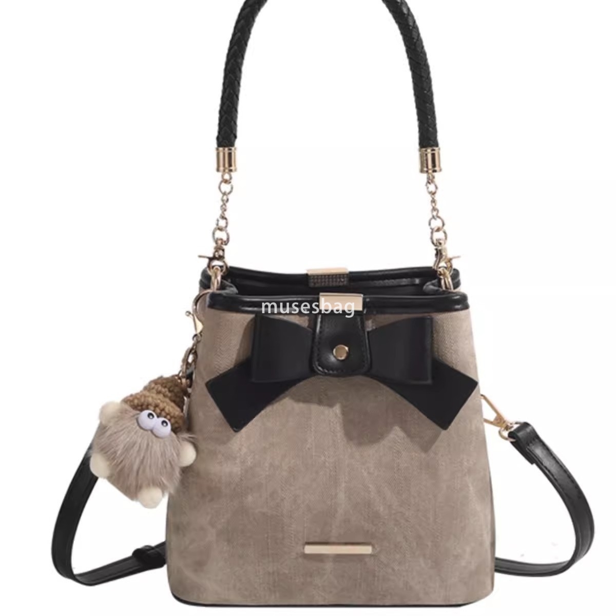 High end and niche design retro and versatile Instagram commuting bucket bag new Maillard high-end bow handbag shoulder bag