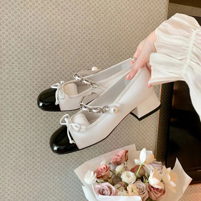 Womens Shoes Mary Jane Womens High Heel Retro Dress Pump Womens Chain Pearl Bow Square High Heel Shoes Womens Shoes 240614