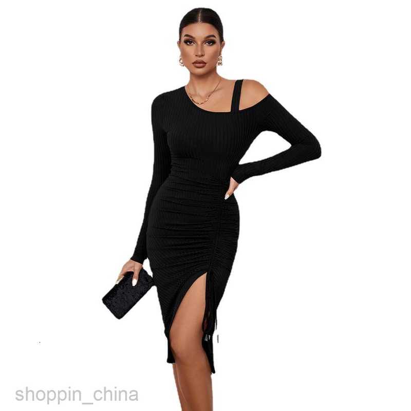Basic Casual Women Dresses Women's Dress Split Shoulder Autumn/Winter Wrap Hip Long Sleeve Sexy Dress