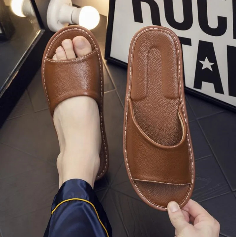 Real Cow Leather Sliding Block Indoor Sliding Block House Summer Open Toe Sandals Mens Casual Sliding Block Shoes 240612