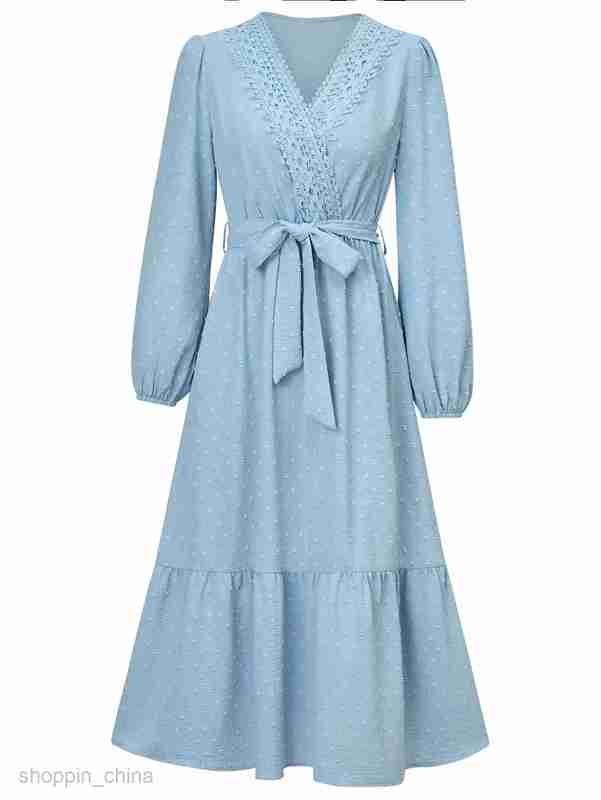 Basic Casual Women Dresses Autumn/Winter Women's New Fashion Solid Color V-neck Lace Waist Tie Dress