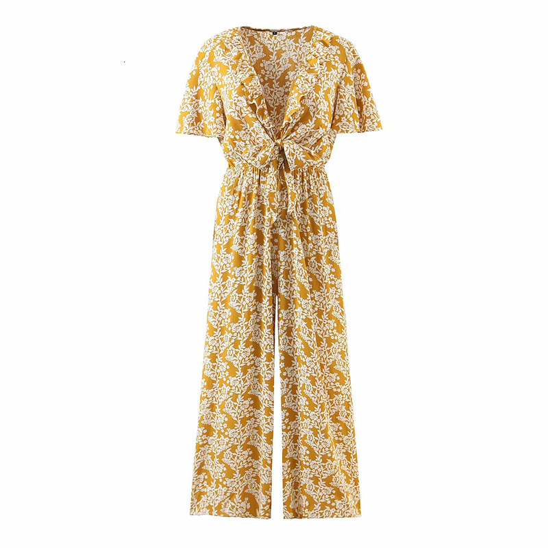 BBWM Elegant Beach Vacation Floral Jumpsuit Boho Wide Leg Long Romper Jumpsuits Deep V-neck Tie A Knot Summer Jumpsuit 210520