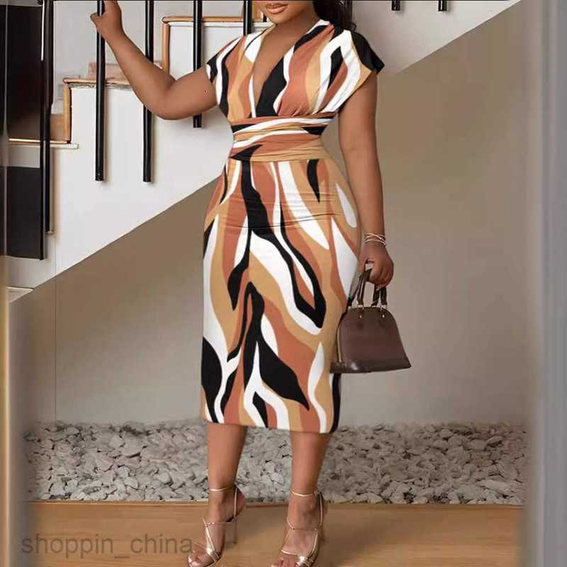 Two Piece Dress Sets Summer New Women's Printed V-neck Long Dress Waist Wrapped Hip Dress