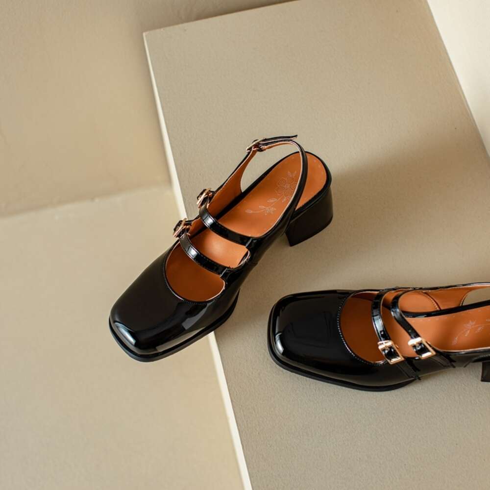Plus Size 44 45 46 Black Sier Chunky High Heels Mary Jane Shoes Women Square Toe Double Buckle Pumps Slingback Ladies Sandals