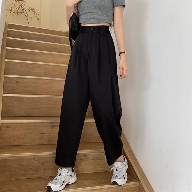 Womens Pants Capris Fashion Loose Streetwear Women Wide Leg Pants Summer Elastic High Waist Suit Pants Retro Solid Black Female Trousers S 4XL 221007
