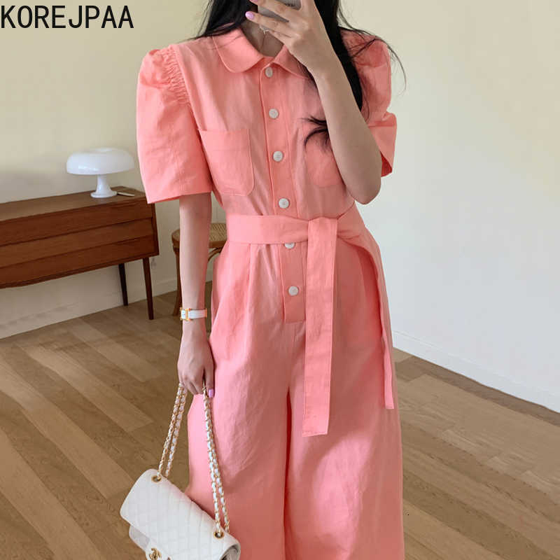 Korejpaa Women Jumpsuits Summer Western-Style Age-Reducing Lapel Multi-Pocket Loose Single-Breasted Puff Sleeve Overalls 210526