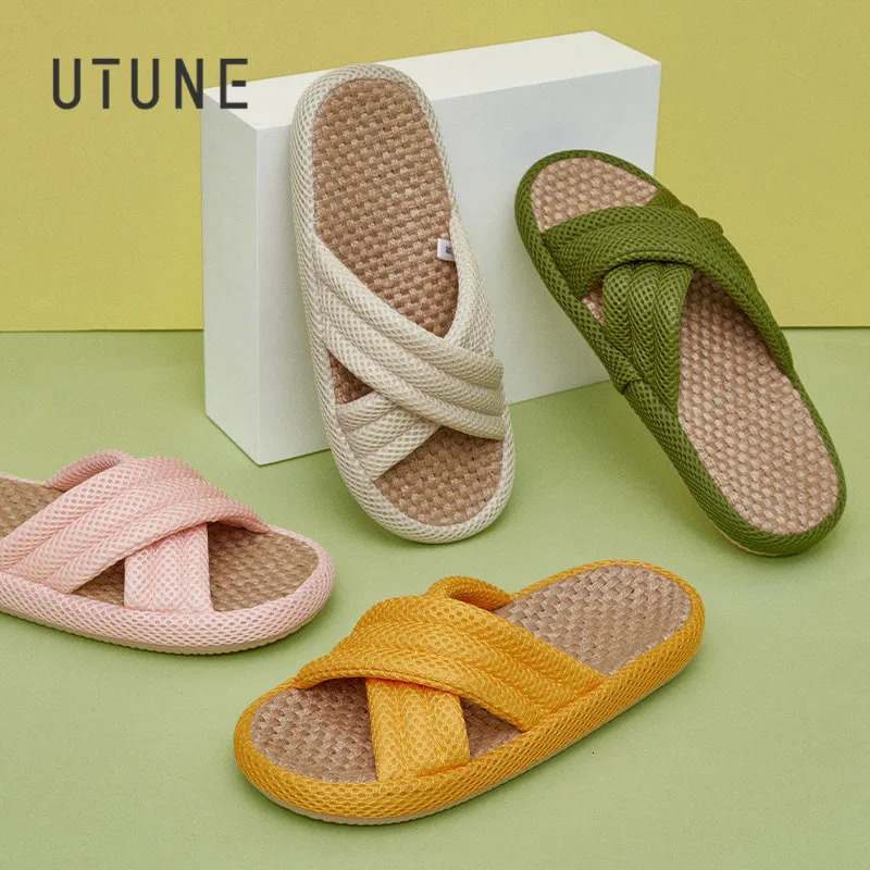 UTUNE Linen Womens Slippers Outdoor Summer Silent Lightweight Vacation Travel Comfortable Shoes Anti slip Flat Thick Sole Household Slippers 240612