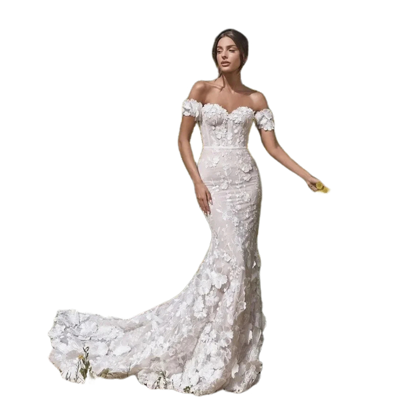 Bohemian Floral Lace Mermaid Wedding Dresses Sexy Open Back Off The Shoulder Long Bridal Gowns Romantic Garden Bride Reception Dress 2024 Summer