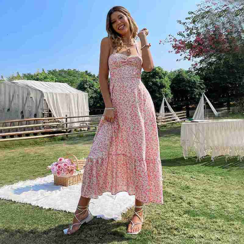 Basic Casual Women Dresses Sexy style neck hanging sleeveless dress, waisted backless pullover, A-line floral long dress for women