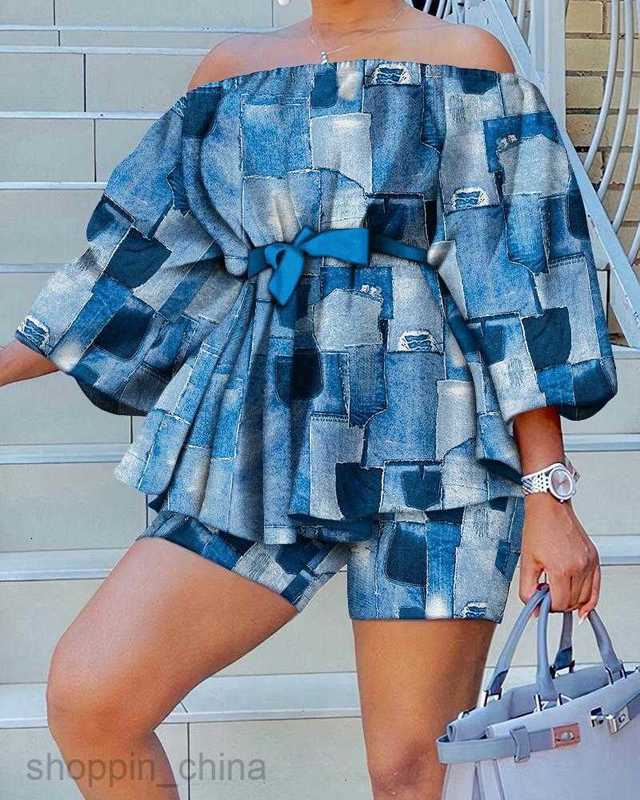 Women's Tracksuits fashion Summer New female Shoulder Shorts Belt Two Piece Set for women Sets