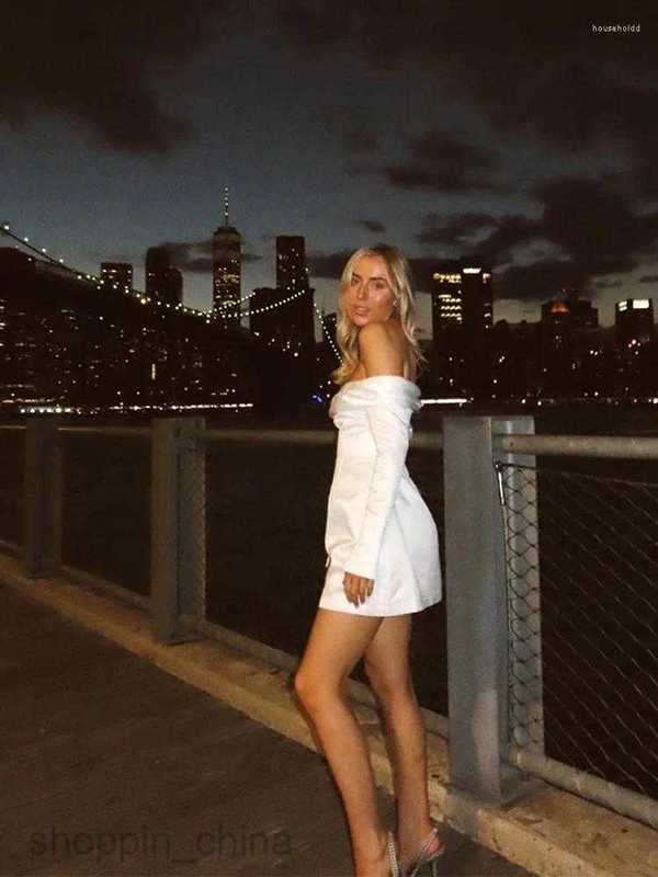 Casual Dresses Fashion Solid Off Shoulder A Line Dress For Women Pleated Long Sleeve Backless Slim Mini Elegant Lady Chic Party Robes