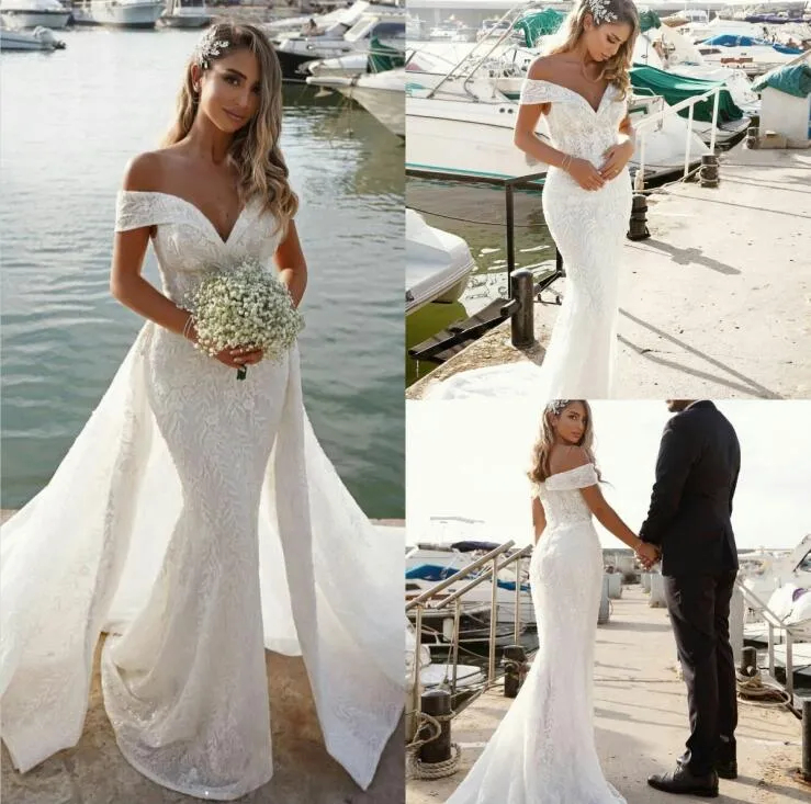 Graceful Lace Mermaid Wedding Dresses With Detachable Train Off The Shoulder Boho Country Long Bridal Gowns 2024 Summer Vestido De Novia V-neck Open B
