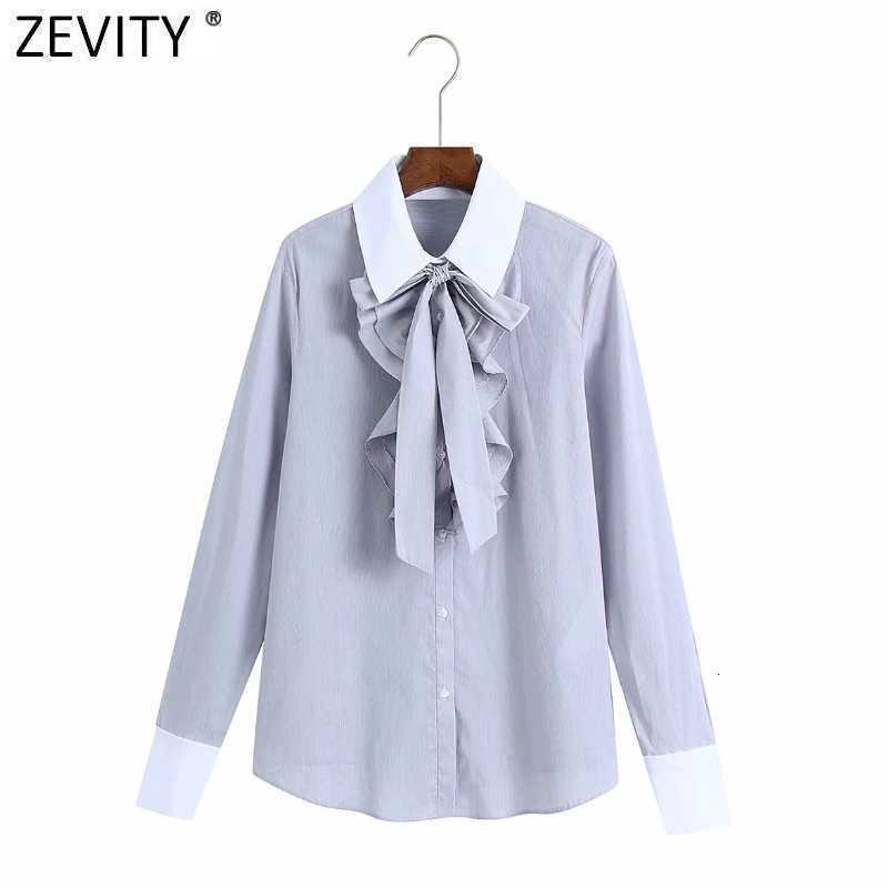 Zevity Women Sweet Bow Tied Ruffles Deocraion Stripe Shirts Office Ladies Patchwork Casual Roupas Chic Femininas Tops LS7389 210603