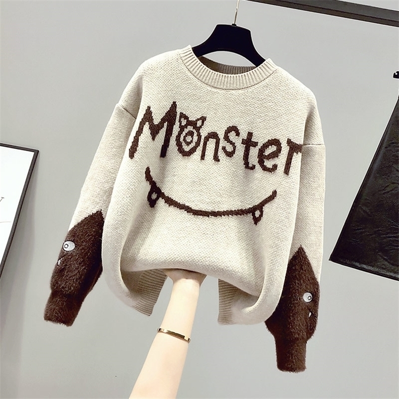 Womens Sweaters Cute Embroidery Sweater Women Fashion Monster Letter Printed OneckMink Patchwork Long Sleeve Pullovers Sweaters Tops Female 220906