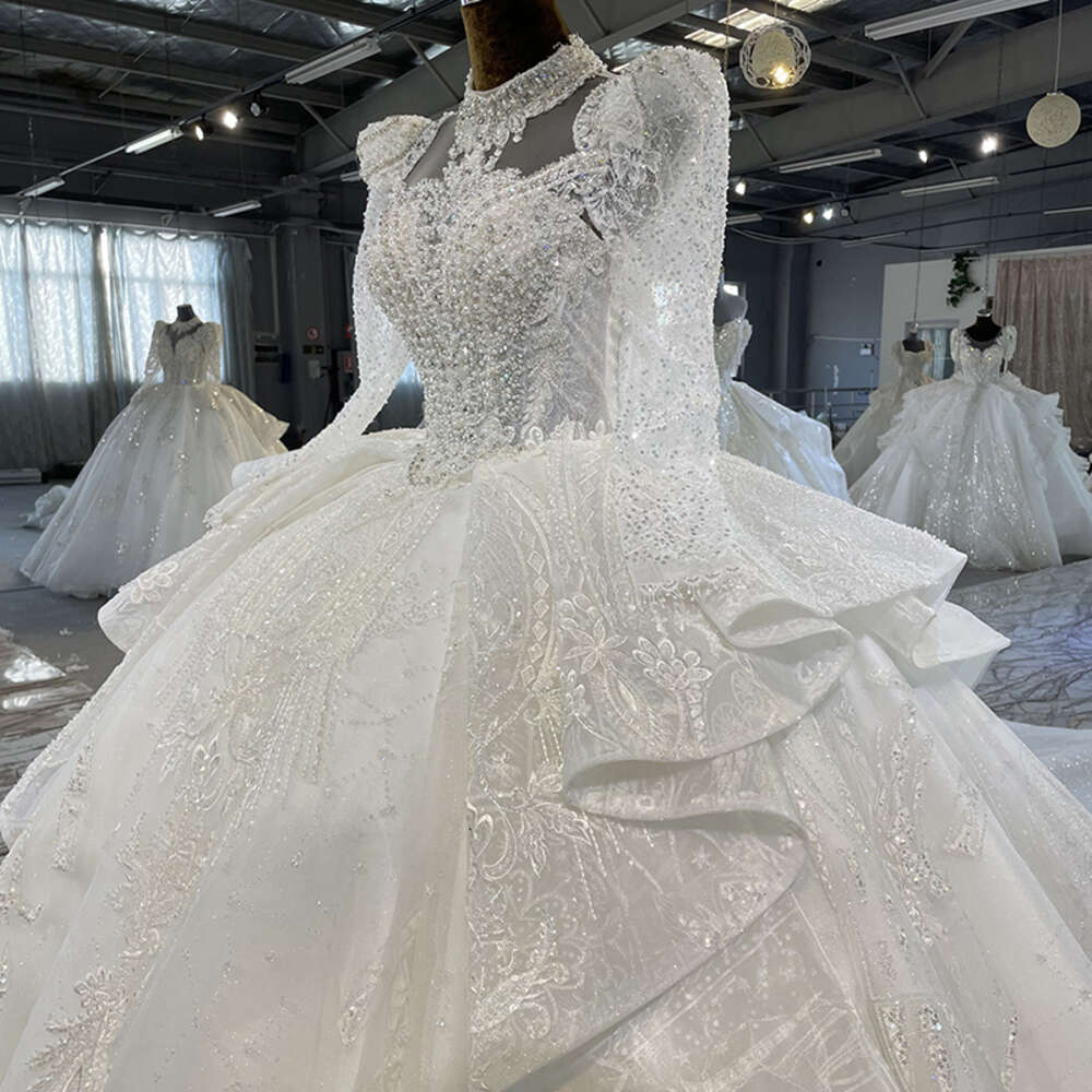 Modern Wedding Dresses Women Organza High Neck Full SleeveWedding Gown For Bride 2022 Sequined Ruched MN107 Vestido De Novia