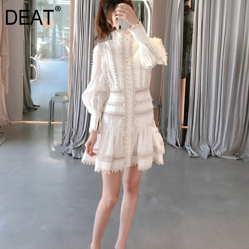 DEAT New Spring And Summer Lantern Sleeves Single Breasted Lace Hollow Out Ruffles Sexy Dress Female Vestido WL28000M 210428