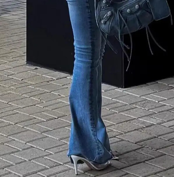 Sexy Women French Nude Shiny Patent Leather Pointed Peep Toe Shallow Slip On Slippers 5 8 10 CM Thin Heels Slide Party Sandals 240614