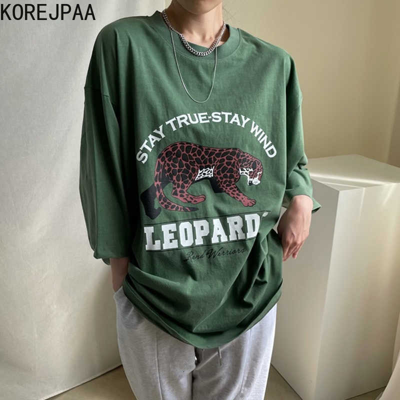 Korejpaa Women T-Shirt Summer Korean Chic All-Match Round Neck Leopard Letter Printing Loose Casual Large Version Pullover 210526