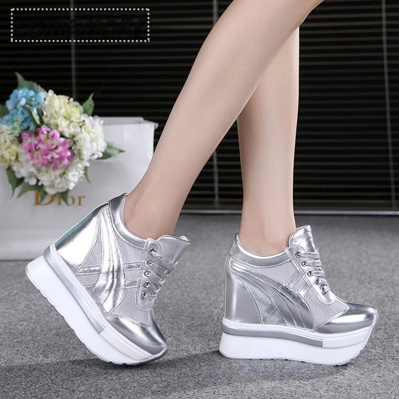 Classic Womens Mesh Platform Sports Shoes White Shoes 10CM High Heel Wedge Outdoor Breathable Casual Shoes Autumn Round Toes 240614