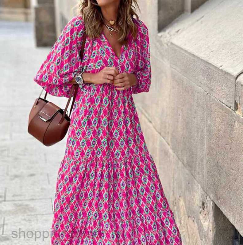 4XL 5XL Plus Size Autumn Spring vestidos Geometric Print Bubble Sleeve Maxi Dress Long Sleeves Street Blast Large Ruffles Women's Clothes 7654D