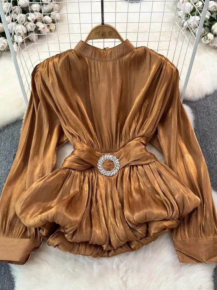 Women's Organza Blouses, French Chic Solid Color, Lace-Up Dias Belt Shirt