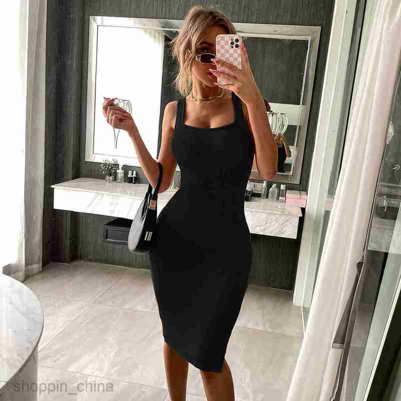 Basic Casual Women Dresses Spring/Summer Women's Sexy Backless Split Slim Square Neck Sleeveless Dress Wrapped Hip Skirt