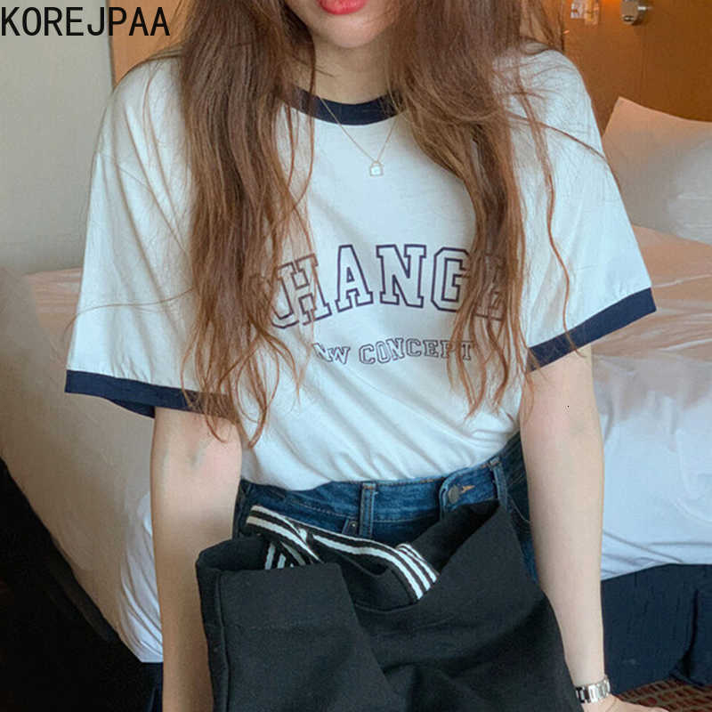 Korejpaa Women T-Shirt Summer Korean Chic Casual Hit Color Wrap Round Neck Letter Printing Loose Short-Sleeved Pullovers 210526