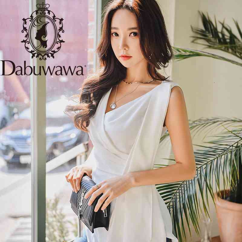 Dabuwawa Vintage Cross Front Womens Blouses V-Neck Asymmetrical Hem Solid Slim Fitted Shirts Tops Office Lady DT1BST010 210520
