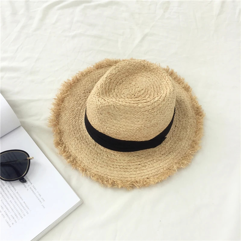 Natural Large Wide Brim floppy hat Raffia jazz Straw Hat Women Summer Fringe Beach Cap hand Weave sun Hat wholesale beach hat 240601